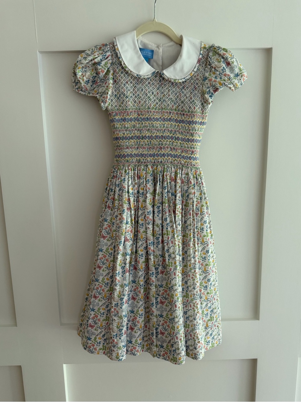 Smocked Floral Peter Pan Collar Kids Dress - Floral & White size 12